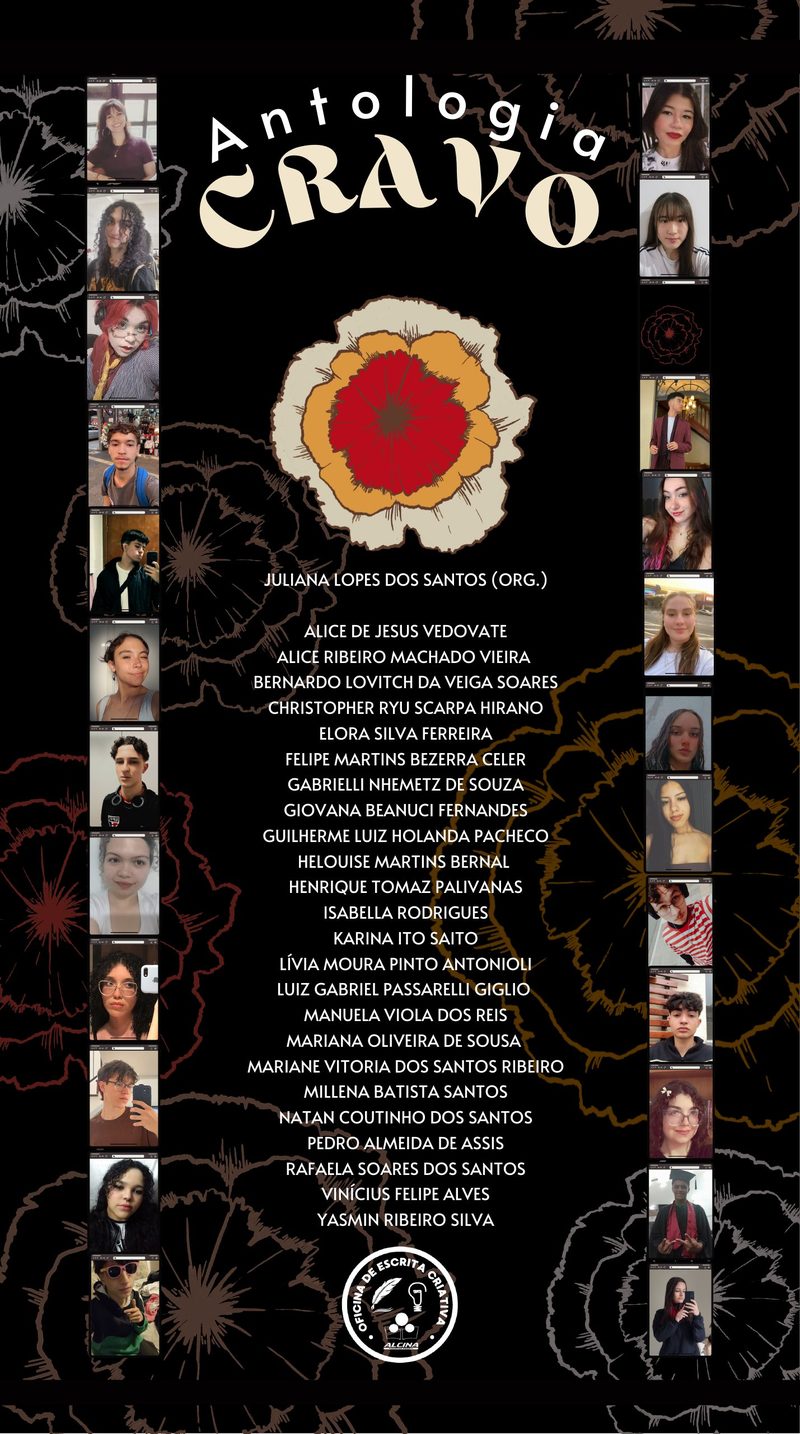 Capa do banner de lançamento da Antologia Cravo, com fotos dos 24 alunos autores em torno de uma flor de cravo estilizada