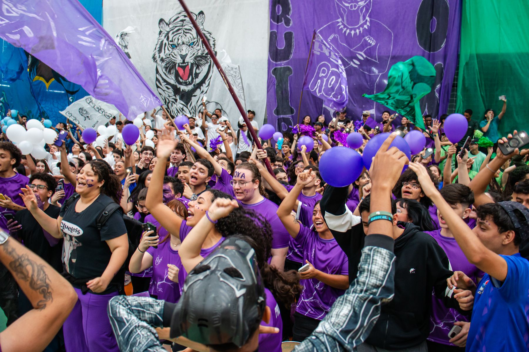 Estudantes do Alcina no Dia D 2025 — torcida da Equipe Roxa com bandeiras e adereços